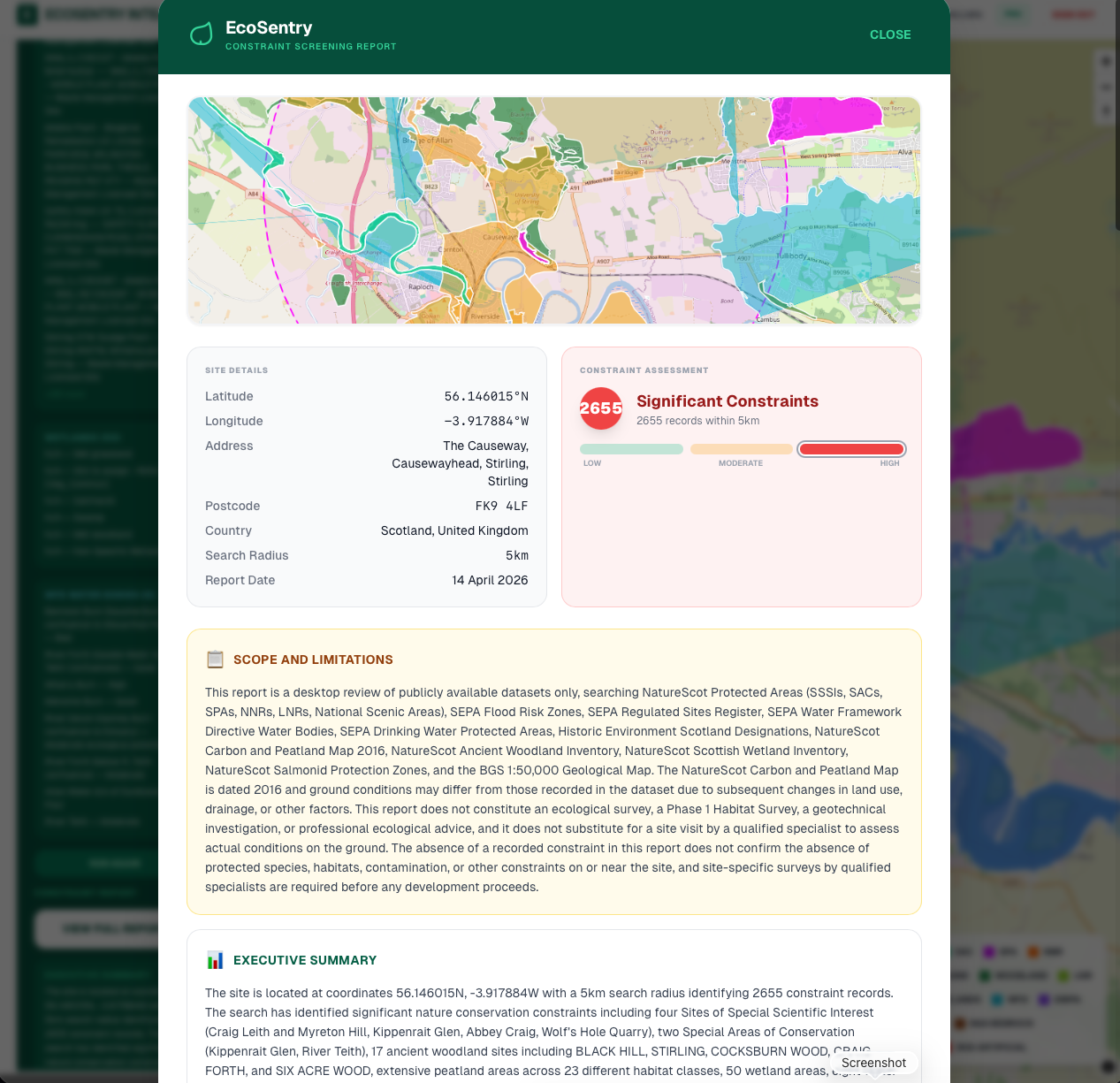 EcoSentry professional constraint screening report modal